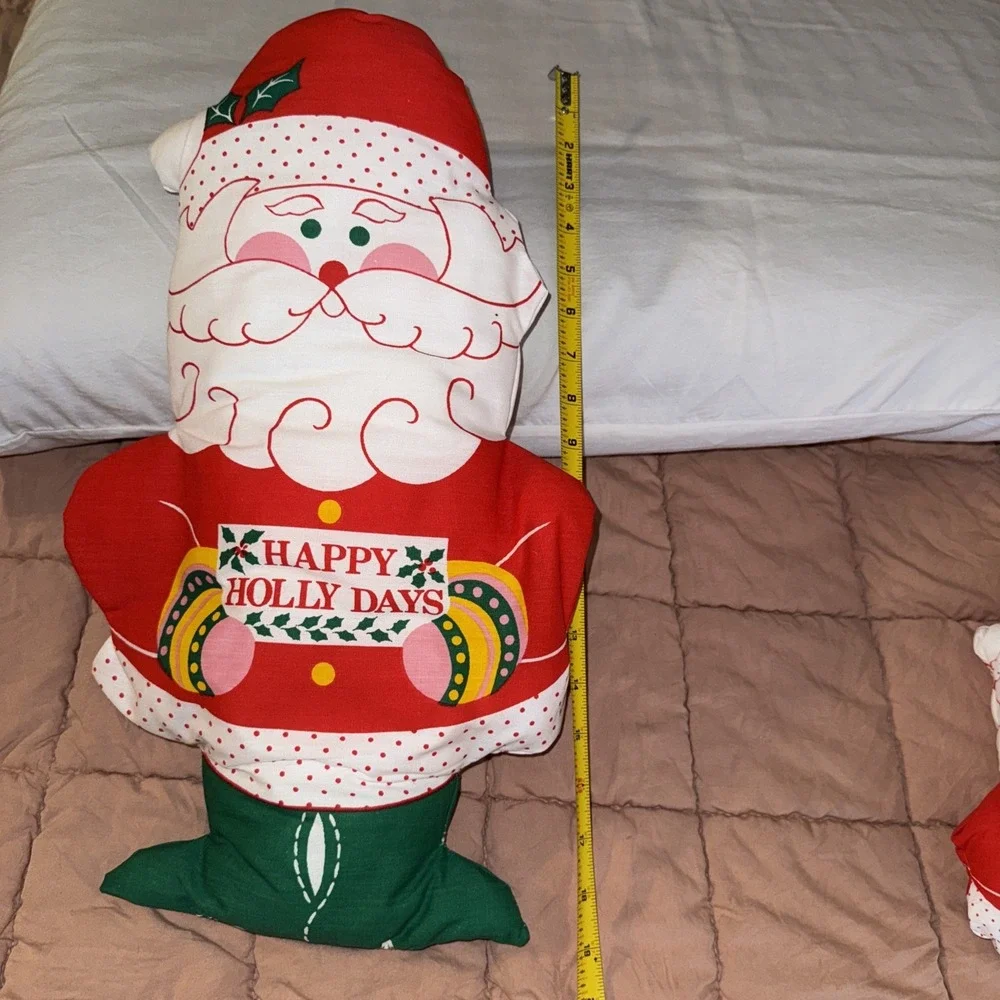 2 Vtg Fabric Handmade Stuffed Santa Pillows For Chair Or Shelf